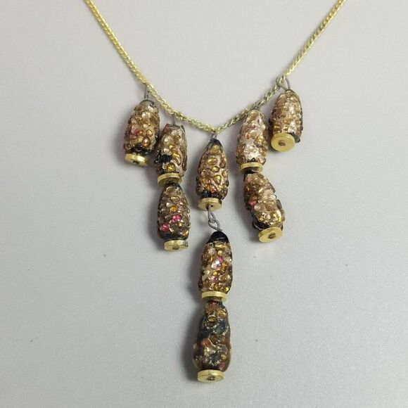Vintage Black and Brown Glass Bead Drop Fringe Necklace, 16 Inch Chain - Picture 1 of 7